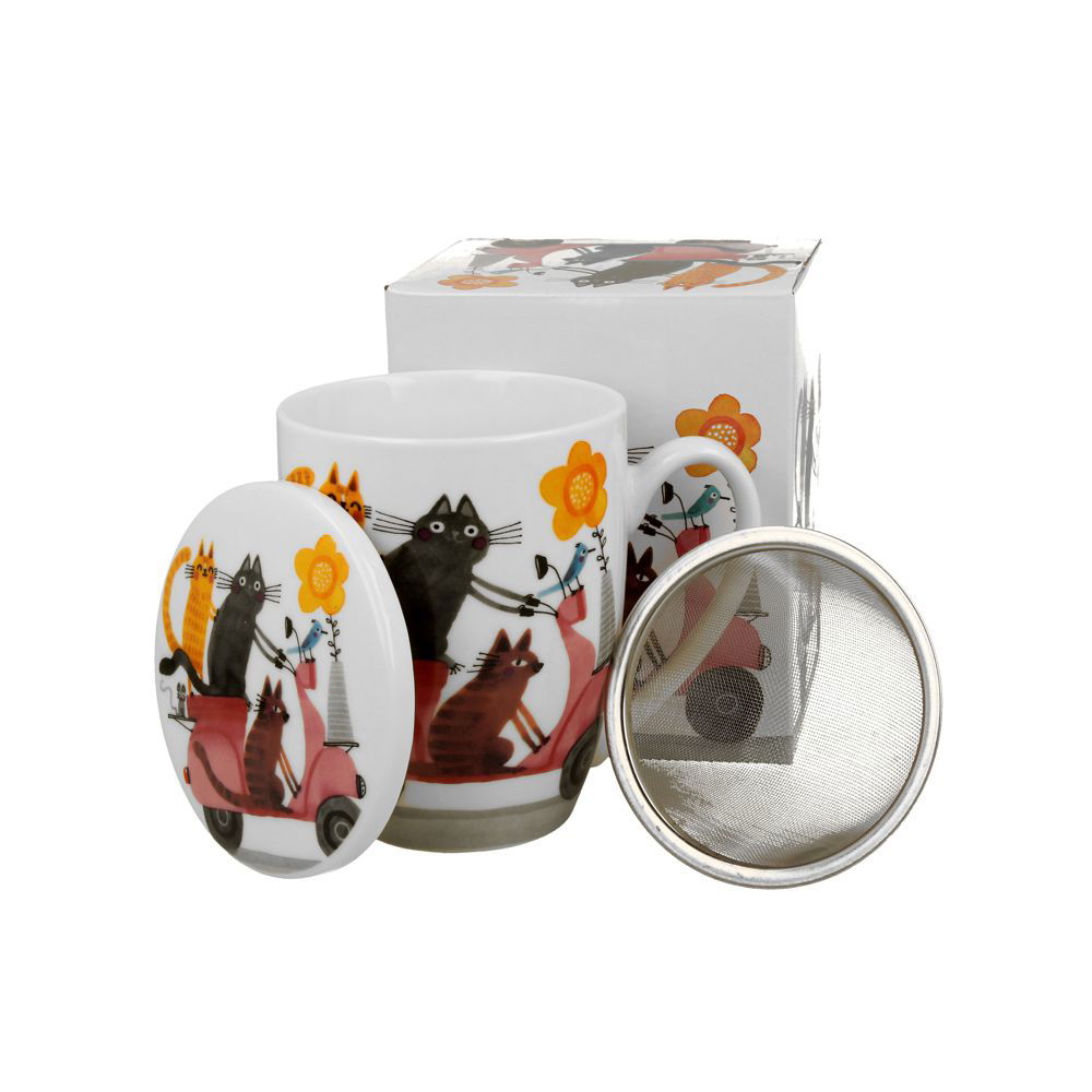 Teebecher mit Sieb & Deckel Cat’s World Cats on a Scooter – 0,43l