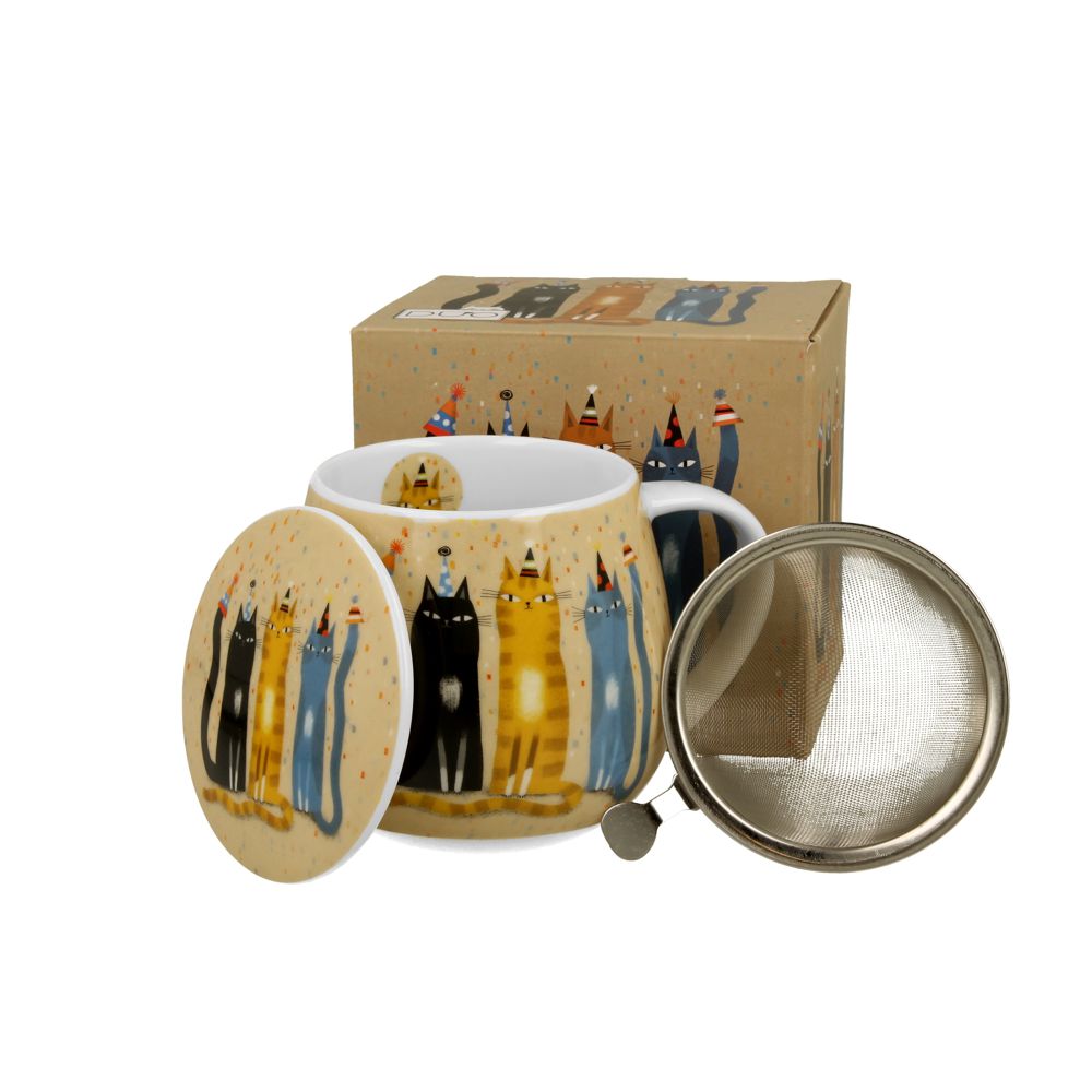 Teebecher mit Sieb & Deckel Cat’s World Party – 0,43l