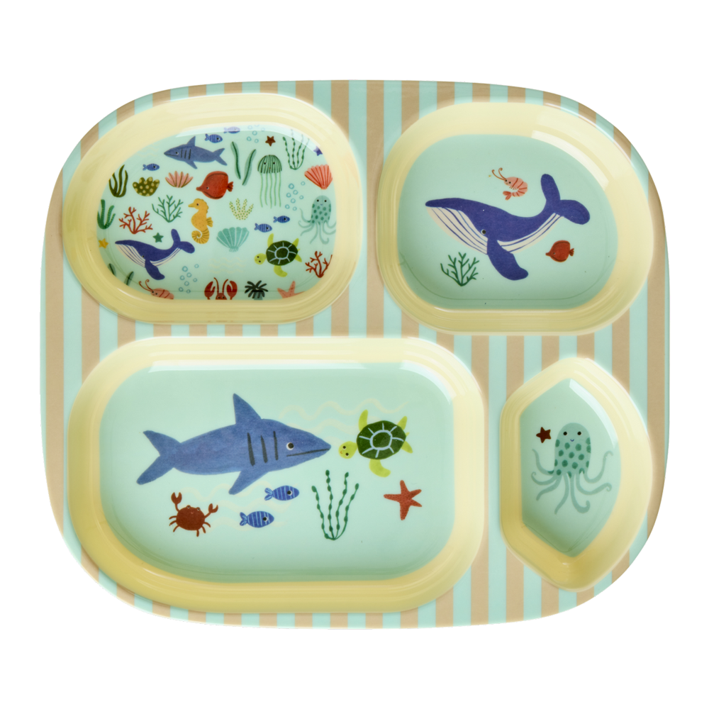 Rice Melamin Kinderteller mit 4er Einteilung Blue Ocean 